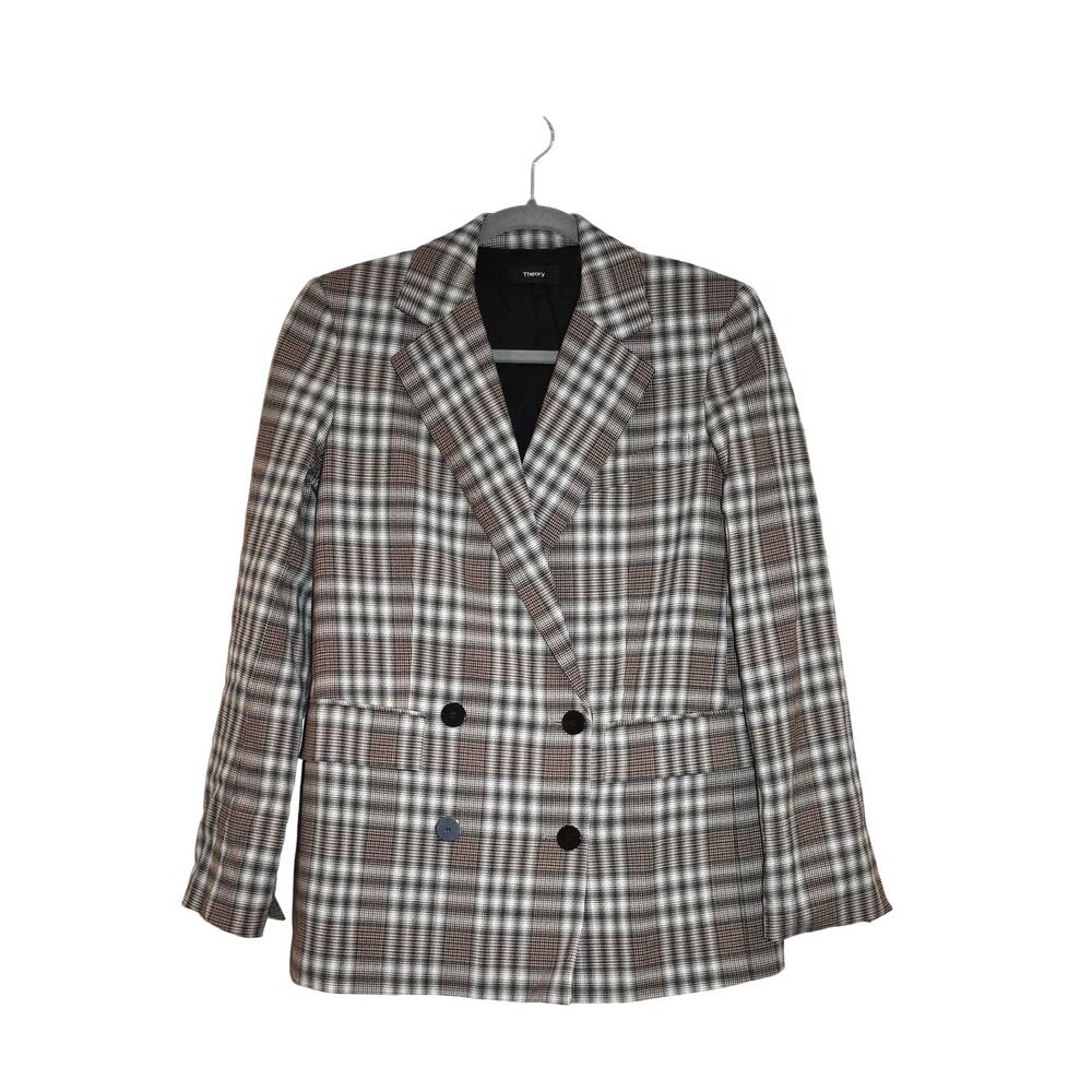 Theory Piazza Wool Blazer Jacket Size 0 Optical Plaid Brown Multicolor Academia